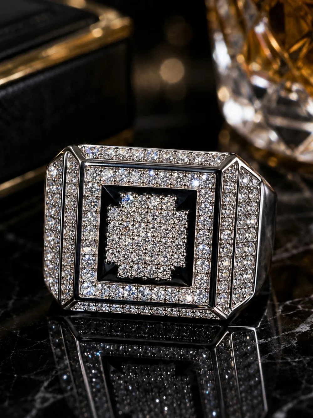 Men's Ring Size 8 Silver-Tone Pavé Square Statement Ring with Black Accents